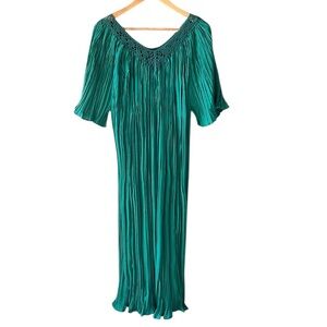 Vintage Naqui One Size Green Pleated Maxi Dress Crocheted V Neck